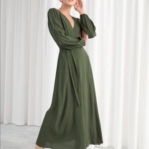 Midi wrap dress.  Olive green. Missing button.